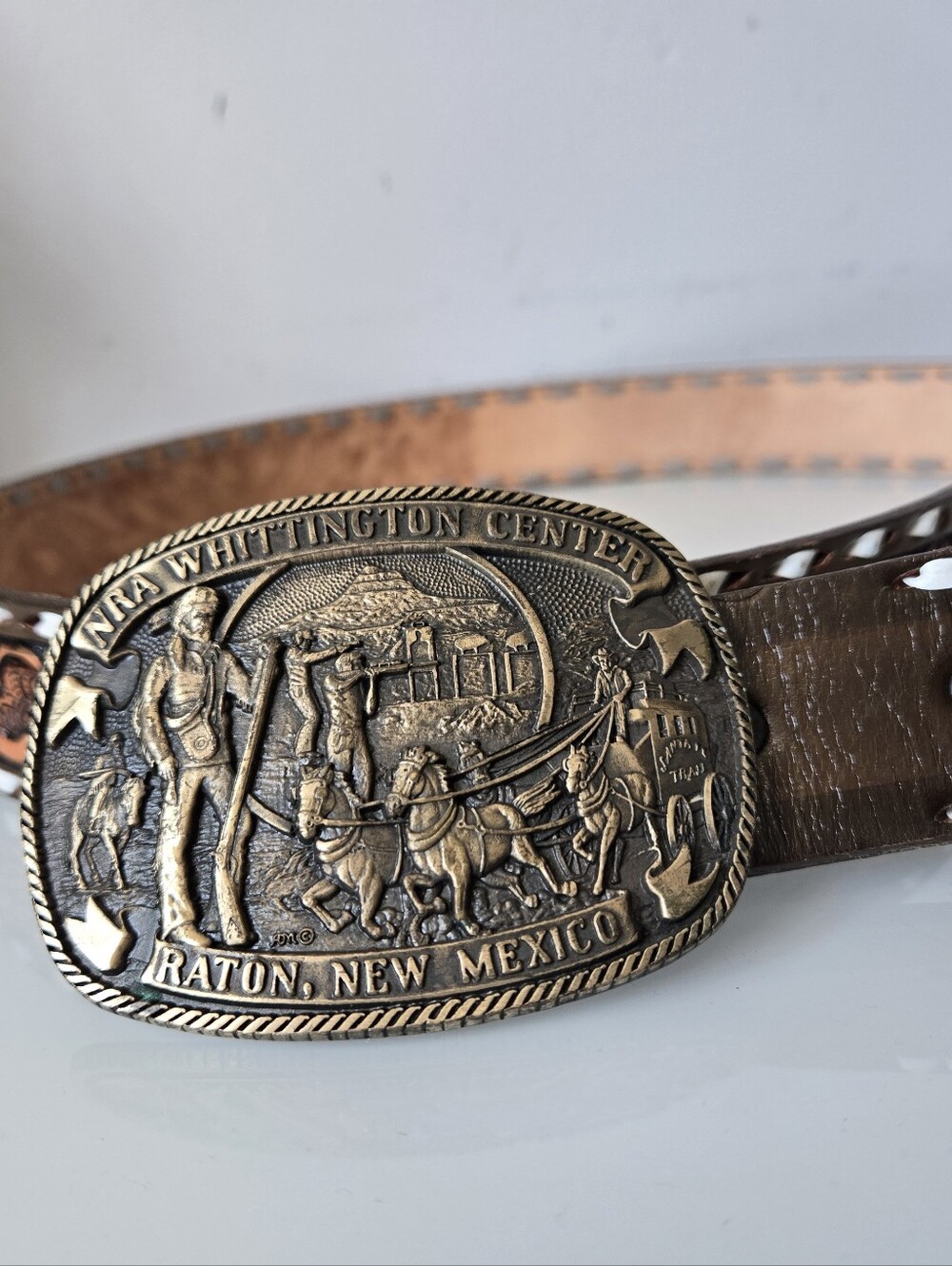 Norman Co Vintage Brass NRA Washington Buckle With Nocona Leather Belt. Size 44
